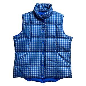 Lands End Tartan Plaid Down Puffer Vest Blue Quilted Outdoor Cabin Gorpcore-M